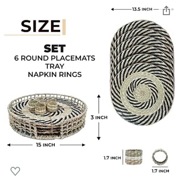ATHENA HOME 6 Woven round seagrass Placemats napkin rings & serving tray NEW - Picture 1 of 8